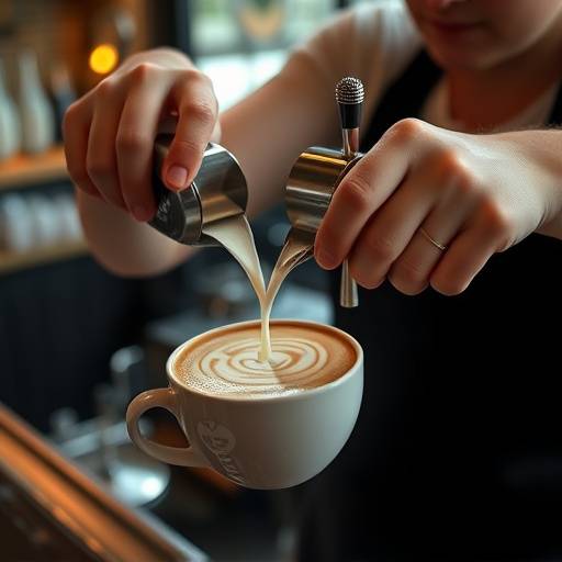A barista carefully pouring steamed milk into a latte, creating latte art.