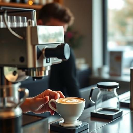 A barista preparing a cappuccino with precision and care behind the coffee bar.