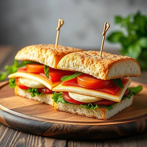 A beautifully arranged selection of gourmet sandwiches on a wooden platter.