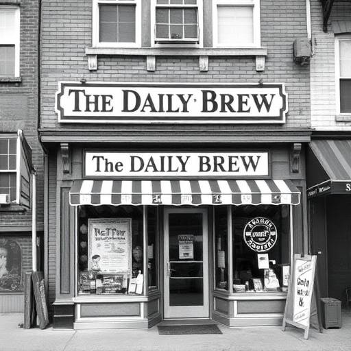A black and white photo of the original The Daily Brew storefront in 1995.