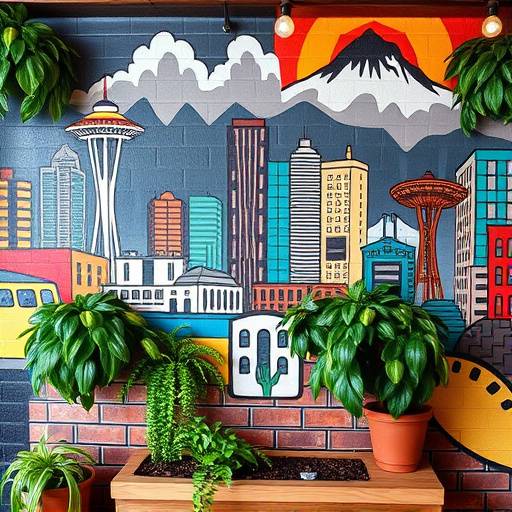 A colorful mural on the cafe wall, depicting coffee plants and Seattle landmarks.