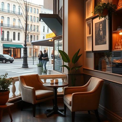 A cozy corner inside The Daily Brew with comfortable armchairs and a view of the street.