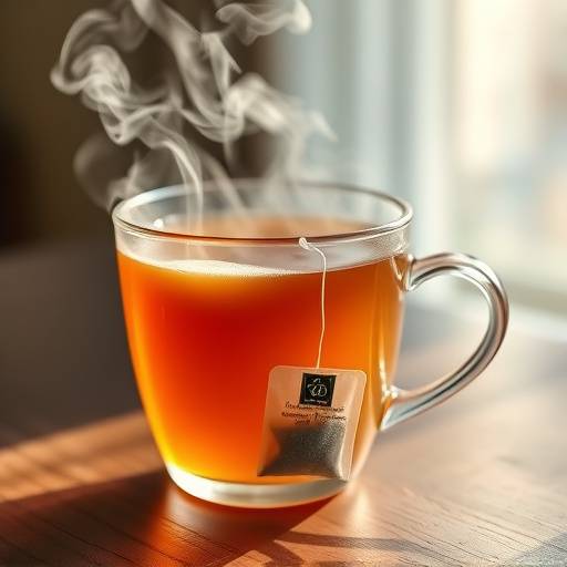 A cup of hot tea with a tea bag and steam rising from the cup.