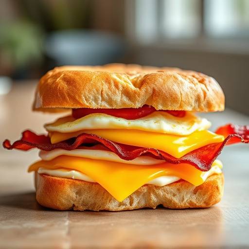 A delicious breakfast sandwich with egg, cheese, and bacon on a toasted brioche bun.