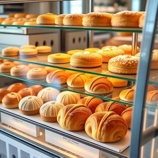 A display case filled with freshly baked pastries including croissants, muffins, and scones.