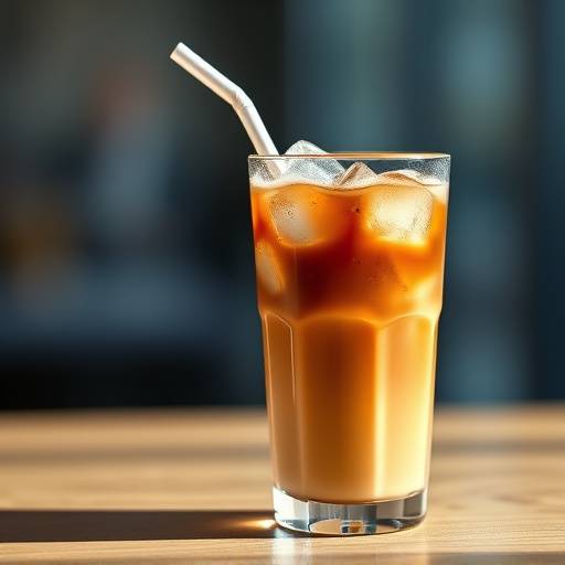 A glass of iced coffee with ice cubes and a straw.