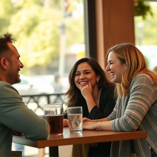 A group of friends laughing and enjoying coffee together at a table in The Daily Brew.