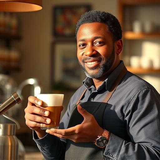 A portrait of Ben Carson, the head barista at The Daily Brew, holding a latte.