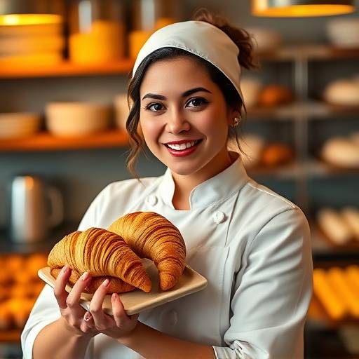 A portrait of Olivia Rodriguez, the pastry chef at The Daily Brew, holding a tray of croissants.