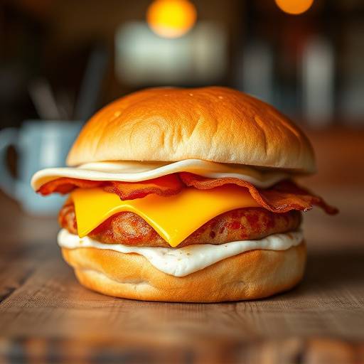 A toasted breakfast sandwich with egg, cheese, and bacon served on a brioche bun.
