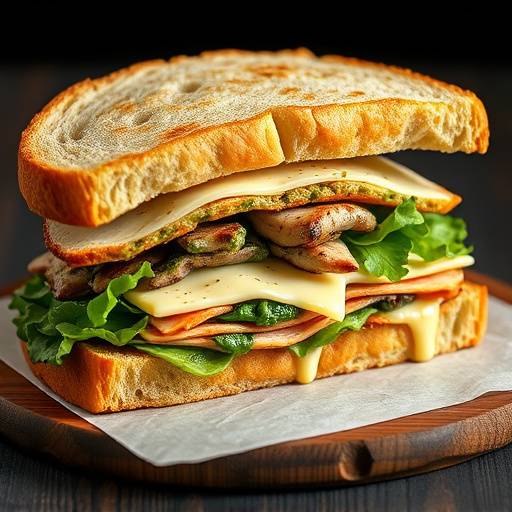 A turkey pesto sandwich on ciabatta bread with melted provolone cheese.
