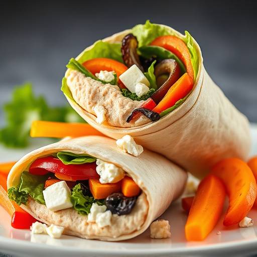 A veggie wrap filled with hummus, vegetables, and feta cheese.