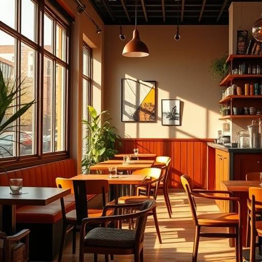 A warm and inviting cafe interior with comfortable seating and natural light.