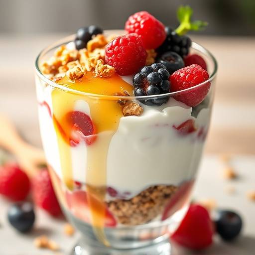 A yogurt parfait with granola, fresh berries, and a drizzle of honey in a clear glass.