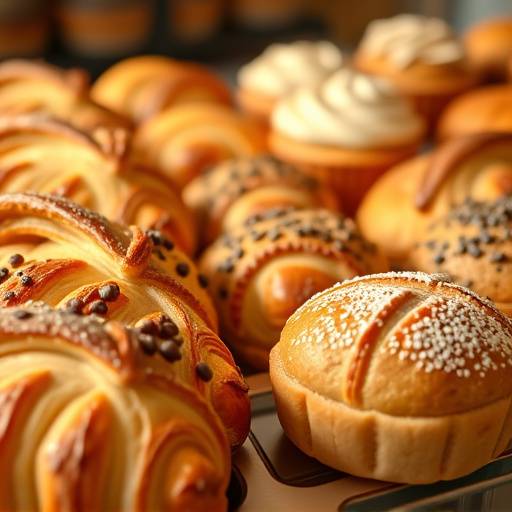 An assortment of freshly baked pastries including croissants, muffins, and scones.